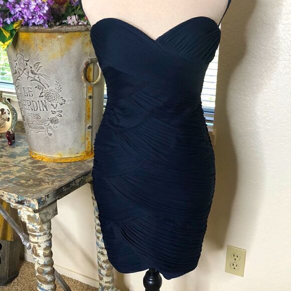 Adrianna Papell Collection Navy Blue Strapless Shutter Pleat Dress - Picture 1 of 14